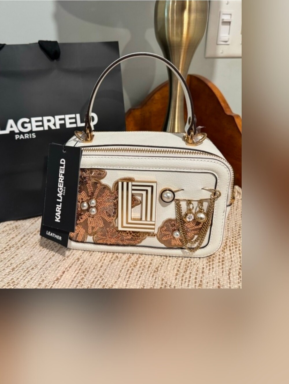 Karl Lagerfeld Cream Embellished Leather Top-Handle Bag - Picture 2 of 6